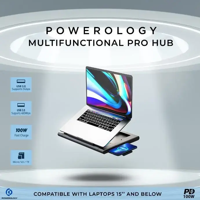 Powerology Holders And Stands Multi-Functional Pro Hub Laptop Stand 3.5mm Aux Port Black [PWPROHUB-BK] mourixa qatar.webp
