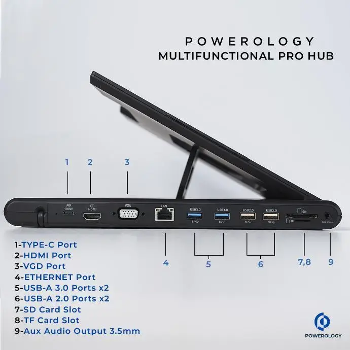 Powerology Holders And Stands Multi-Functional Pro Hub Laptop Stand LED Indicator Black [PWPROHUB-BK] mourixa qatar.webp