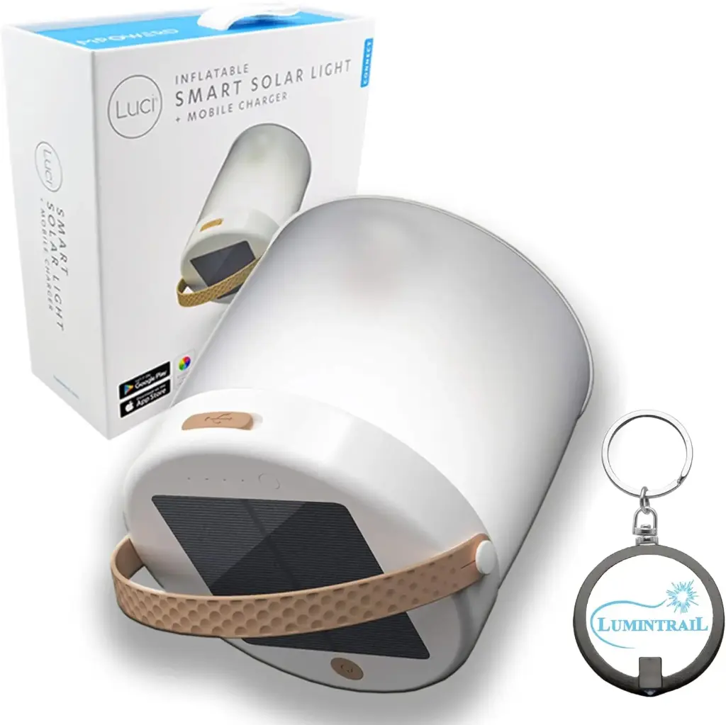 Luci Connect Smart Solar Light & Mobile Charger with Phone App to Control Lighting Bundle with a Lumintrail Keychain Light