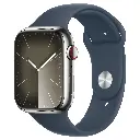 Apple Watch Series 9 [GPS + Cellular 45mm] Smartwatch with Silver Stainless Steel Case with Storm Blue Sport Band M/L. Fitness Tracker, Blood Oxygen & ECG Apps, Always-On Retina Display