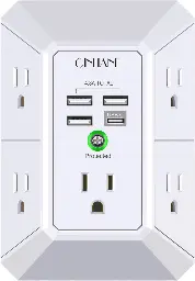 Wall Charger, Surge Protector, QINLIANF 5 Outlet Extender with 4 USB Charging Ports (4.8A Total) 3-Sided 1680J Power Strip Multi Plug Adapter Spaced for Home Travel Office (3U1C) 