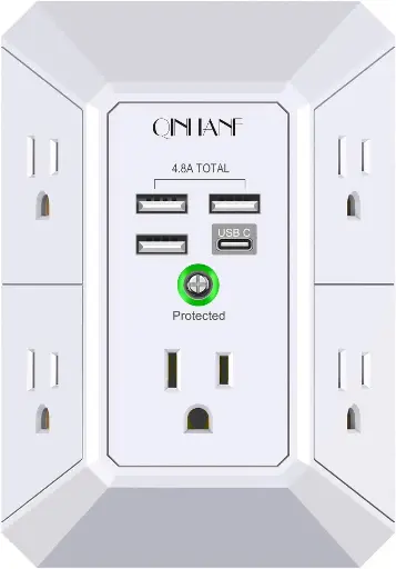 Wall Charger, Surge Protector, QINLIANF 5 Outlet Extender with 4 USB Charging Ports (4.8A Total) 3-Sided 1680J Power Strip Multi Plug Adapter Spaced for Home Travel Office (3U1C) 